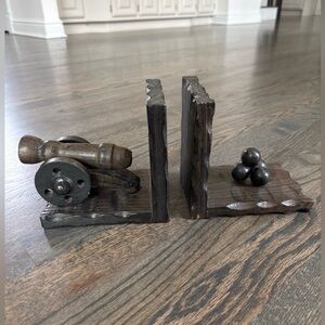 Vintage Medieval Pirate Cannon Balls Bookends Wood Carved Spanish Rustic